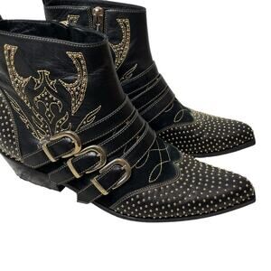 Anine Bing Penny Leather Studded Buckle Pointed Toe Ankle Boots Black Size 8
